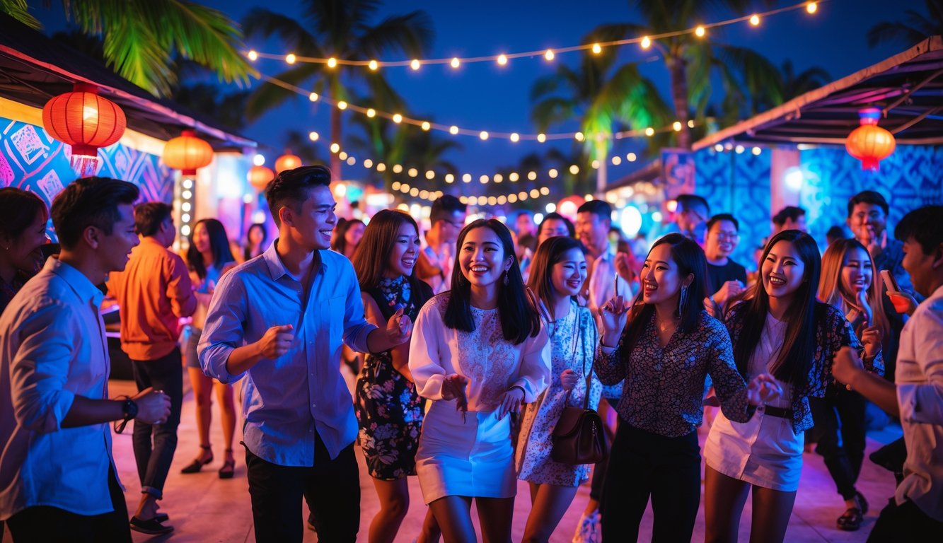 Sekelompok orang muda sedang berpesta malam di luar ruangan dengan lampu warna-warni dan dekorasi tradisional Indonesia.