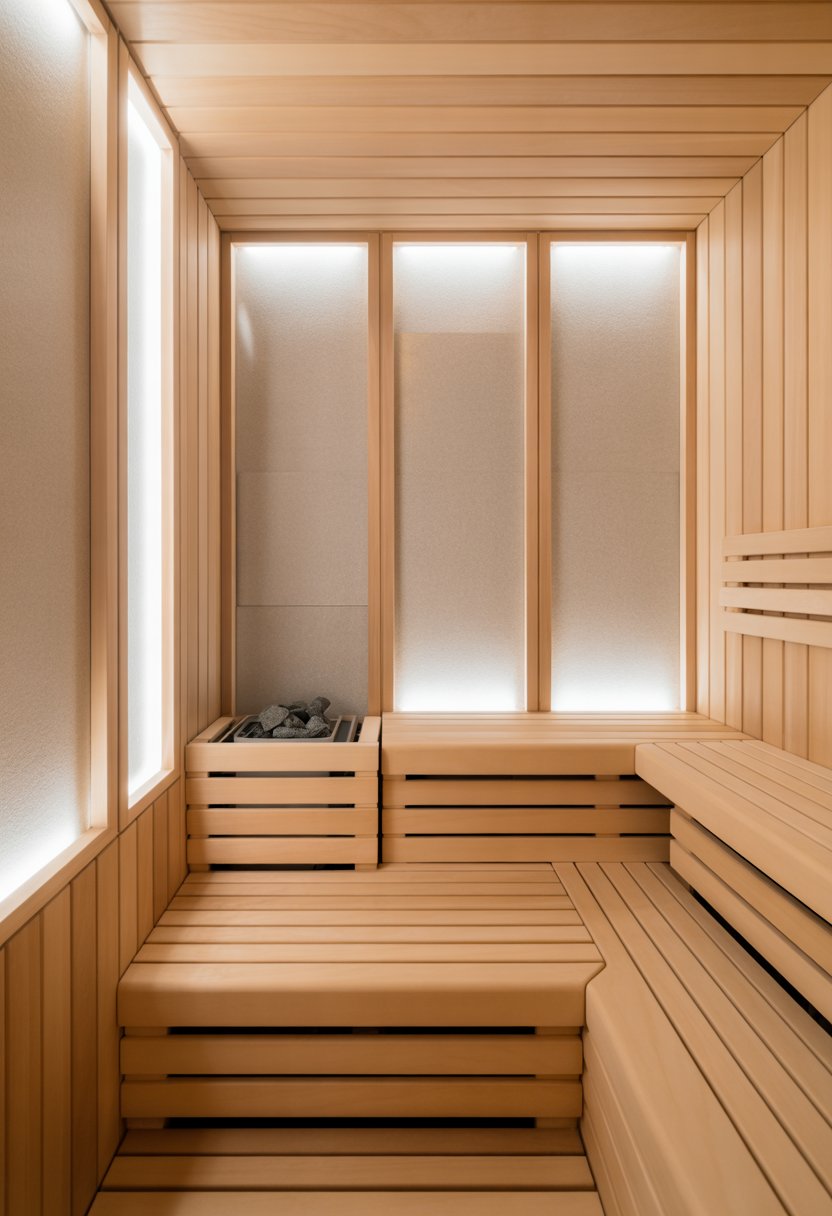 Interior of a sauna with wooden benches and frosted glass panels, illuminated by soft lighting.