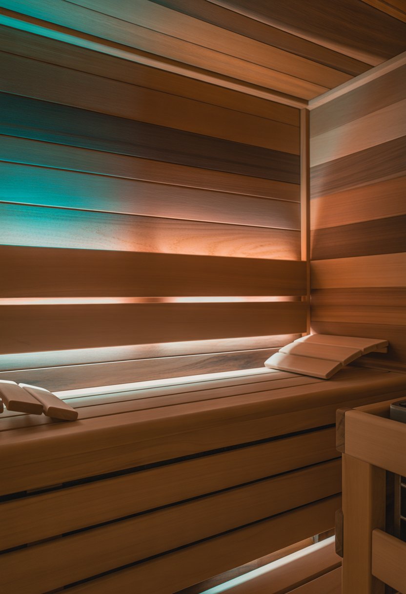 Interior of a cedar wood sauna with built-in LED lighting and wooden benches.