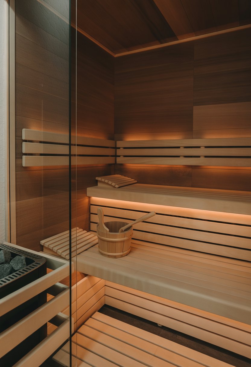 Interior of a small urban sauna with wooden benches and warm lighting.