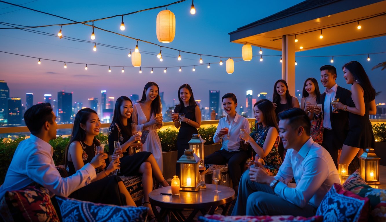 Sekelompok orang muda berpakaian rapi sedang menikmati pesta malam di atap dengan lampu hias dan dekorasi tradisional Indonesia.