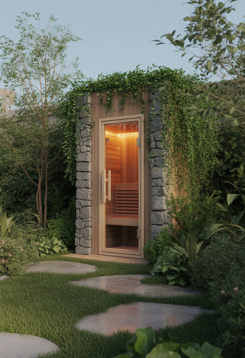 Outdoor sauna with natural stone walls surrounded by green plants and garden landscaping.