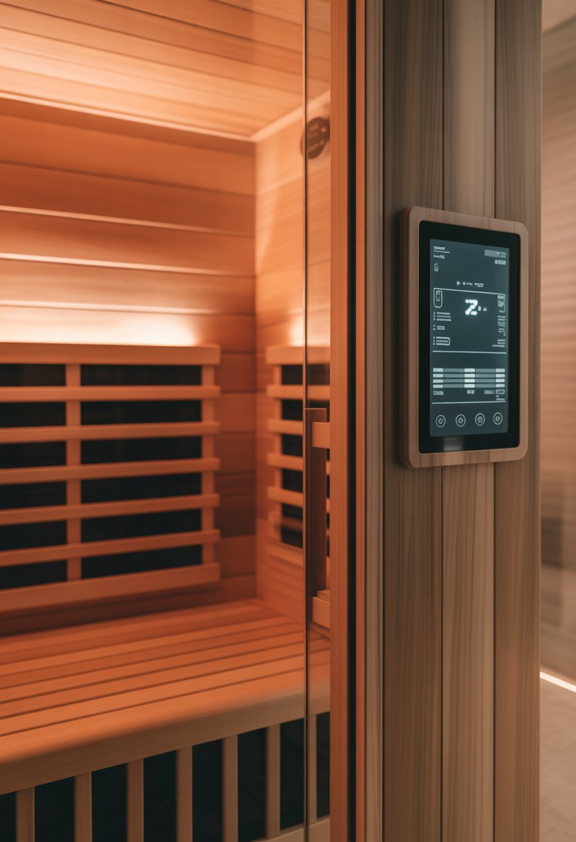 Interior of a modern infrared sauna with wooden benches and a digital control panel.