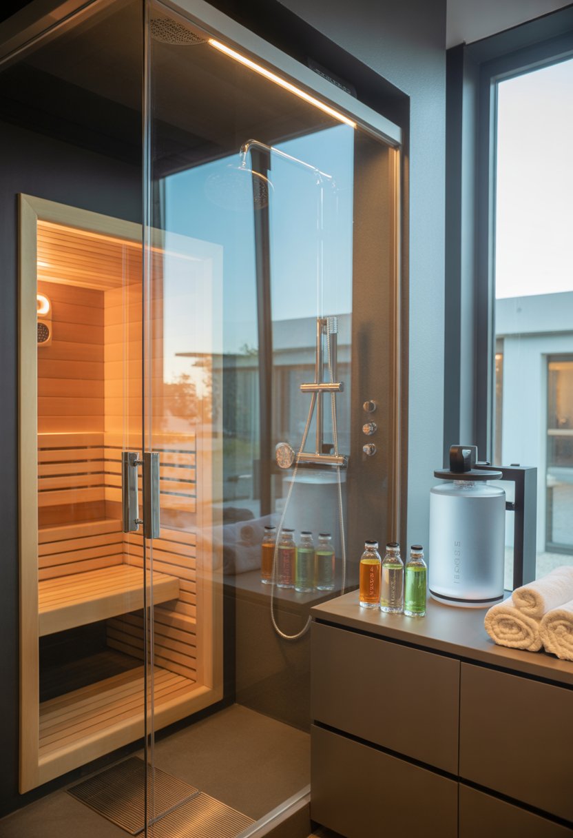 A home gym sauna next to a glass shower and a hydration station with water bottles and towels.