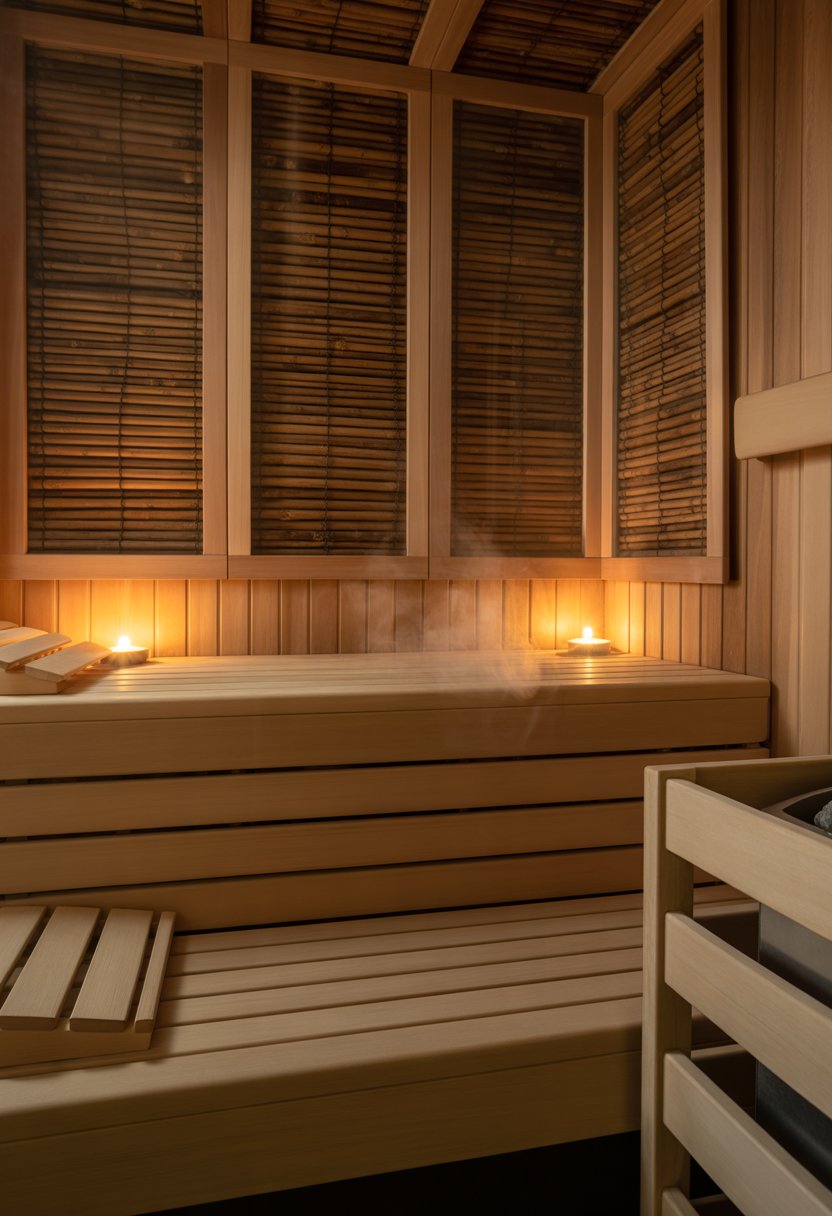 A peaceful sauna interior with wooden benches, bamboo walls, and soft candlelight creating a warm and relaxing atmosphere.