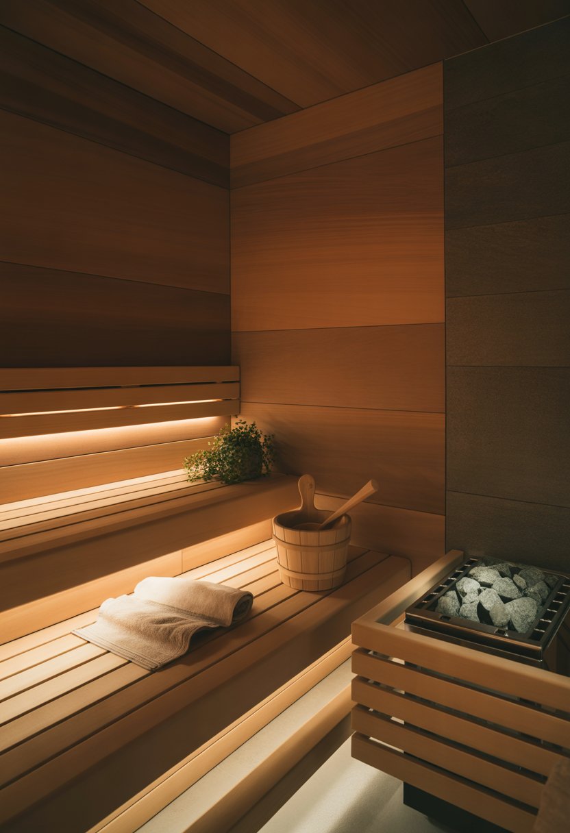 Interior of a sauna with wooden benches, a heater with stones, towels, and a small plant.