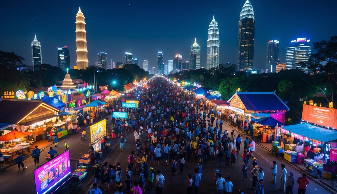 Keramaian pesta malam di jalan Jakarta dengan lampu warna-warni, orang-orang menikmati makanan dan pertunjukan, latar belakang gedung pencakar langit kota.