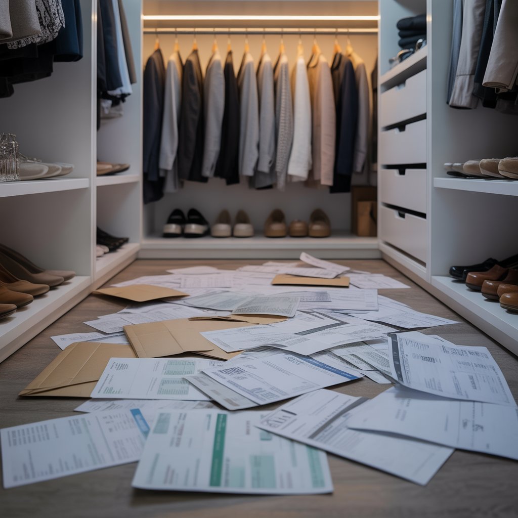 Closet floor scattered with unpaid bills and financial papers among neatly hung clothes and shoes.