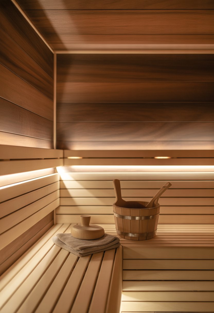 Interior of a wooden sauna room with benches, a sauna bucket, and soft warm lighting.