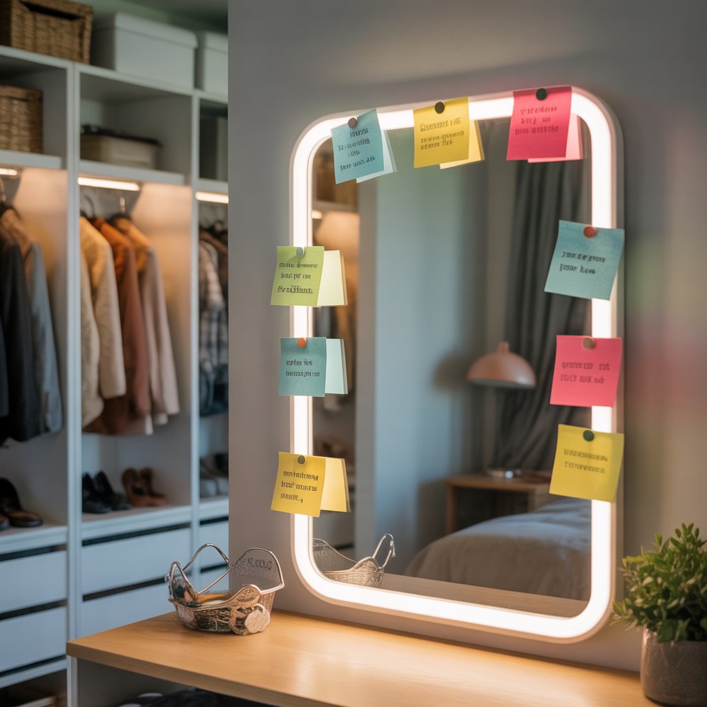 A bedroom closet area with a mirror surrounded by sticky notes and reminders, with organized clothes and accessories in the background.