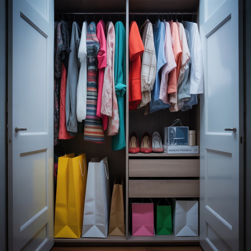 An open closet showing a mix of clothes and shopping bags, some items partially hidden behind others.