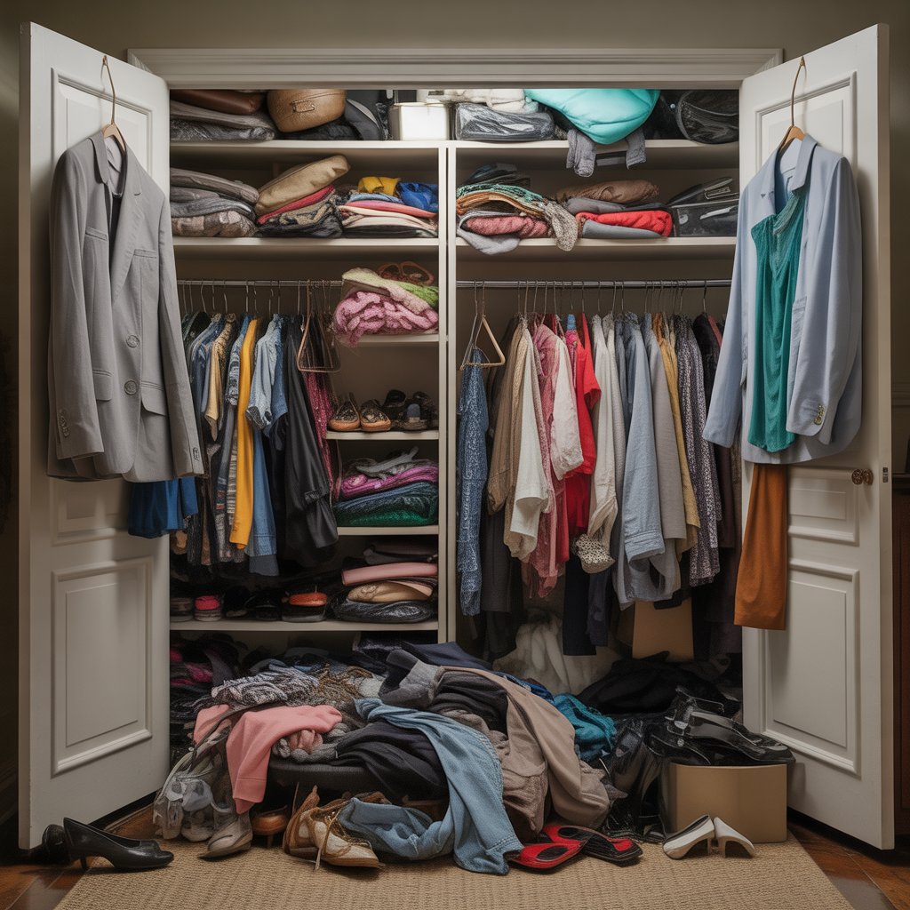 A cluttered closet with clothes and shoes scattered messily and shelves disorganized.