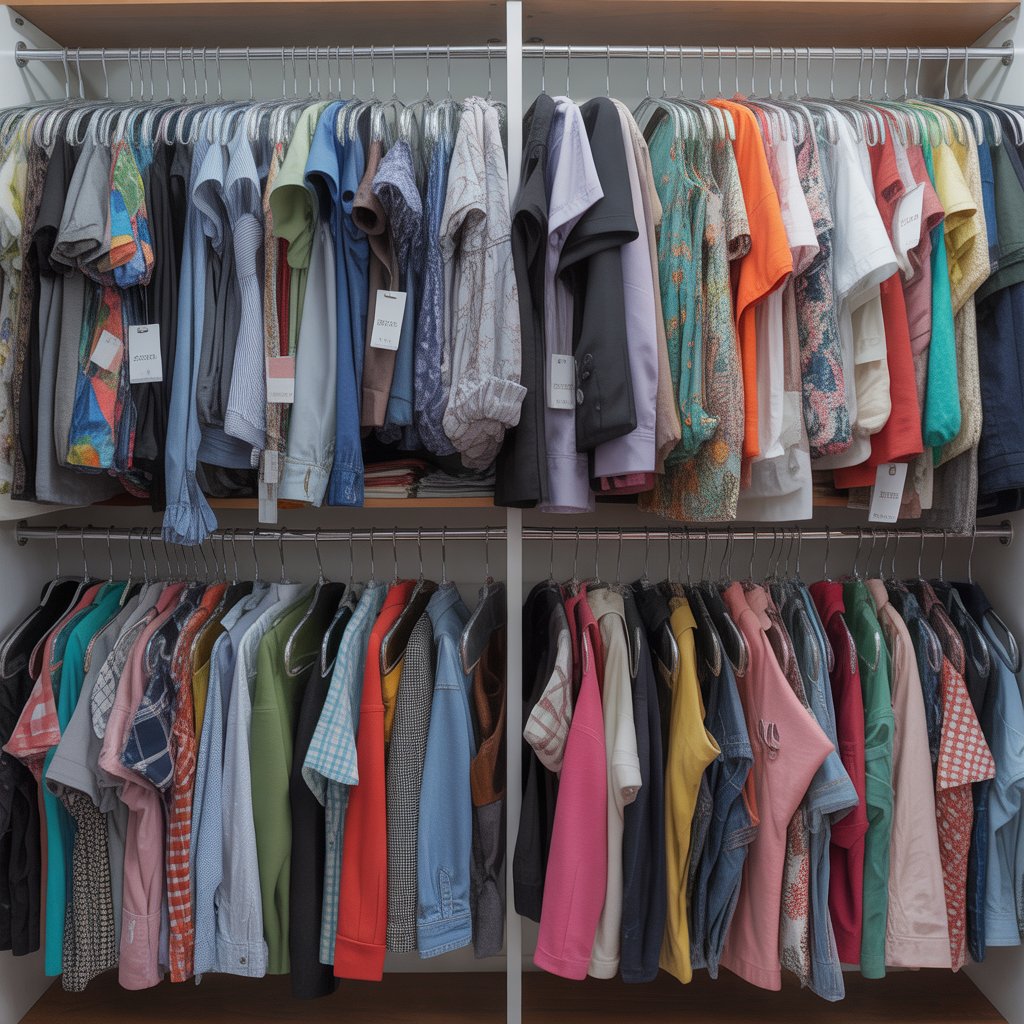 A closet filled with many new clothes still with sale tags, neatly arranged but clearly never worn.