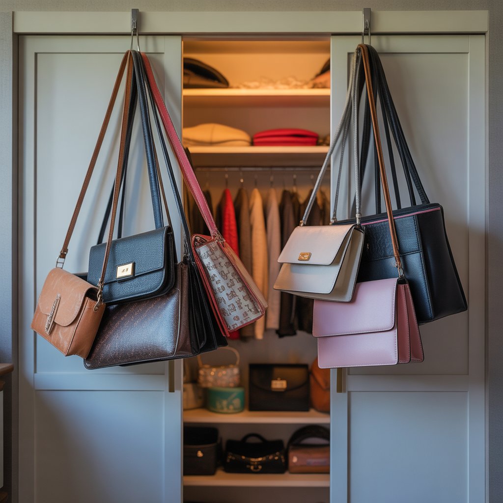 Closet doors held open and weighed down by several dusty handbags and purses hanging from the handles.