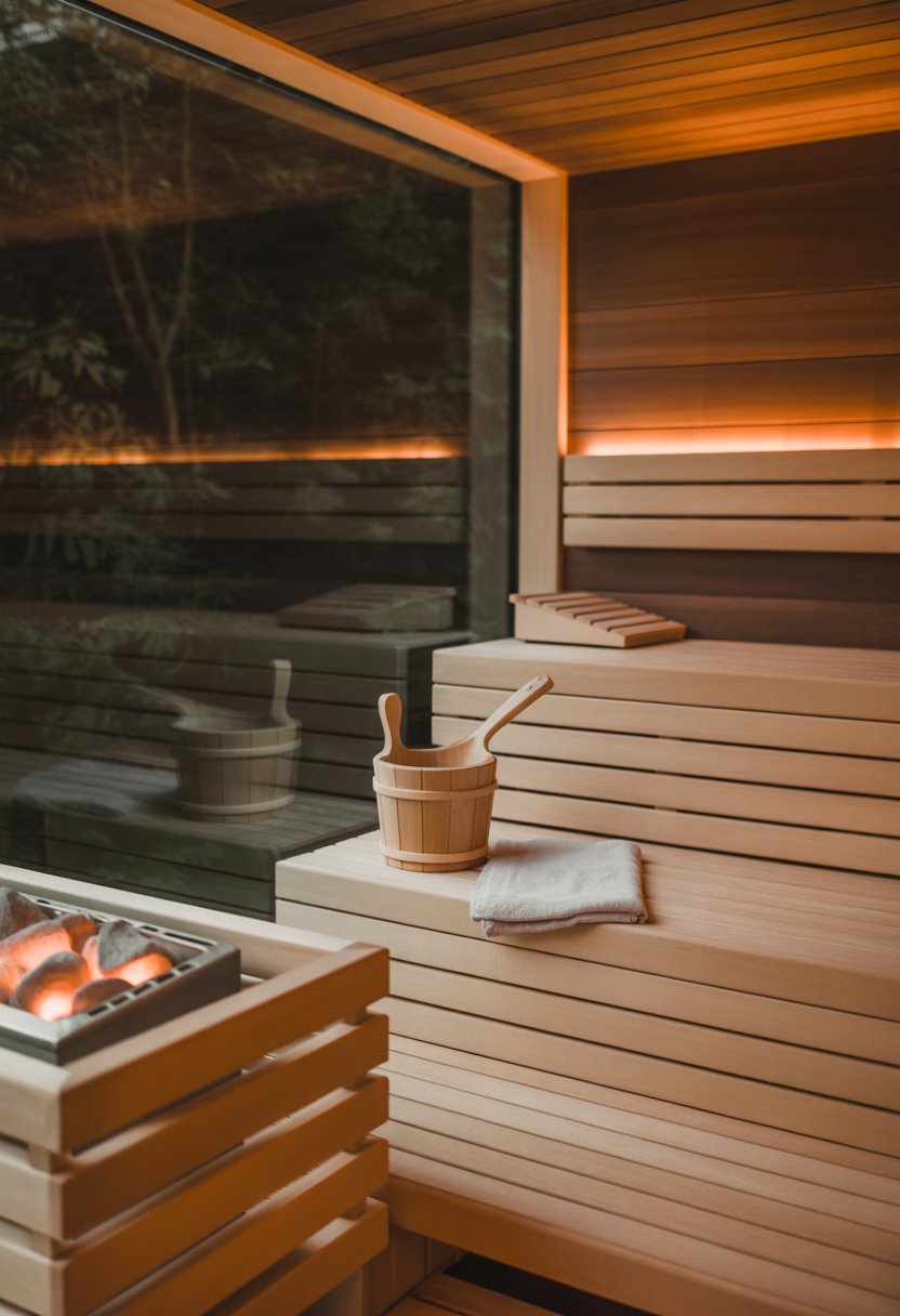 Interior of a modern wooden sauna with benches, a heater, and soft lighting creating a warm and relaxing atmosphere.