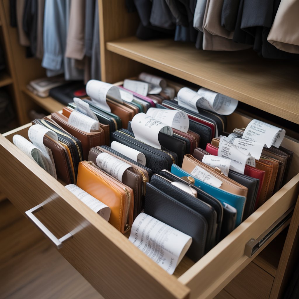 An open closet drawer filled with wallets and purses overflowing with receipts.