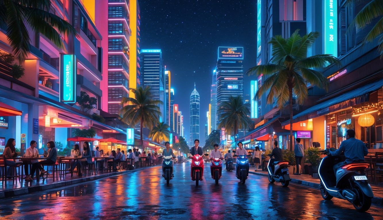 Pemandangan jalan malam yang ramai di Indonesia dengan gedung tinggi bercahaya dan orang-orang yang menikmati aktivitas malam.