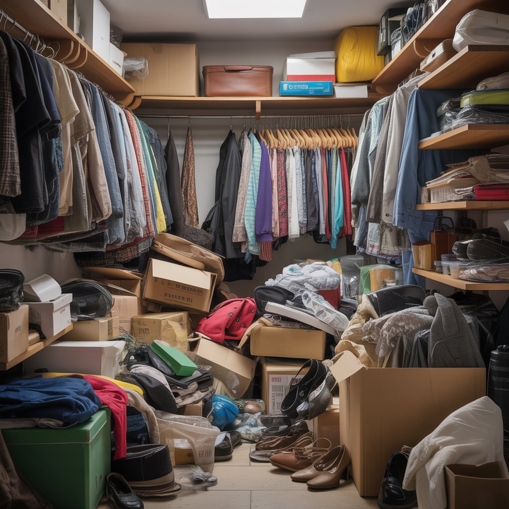 A cluttered closet filled with unused clothes, boxes, shoes, and household items stacked messily.