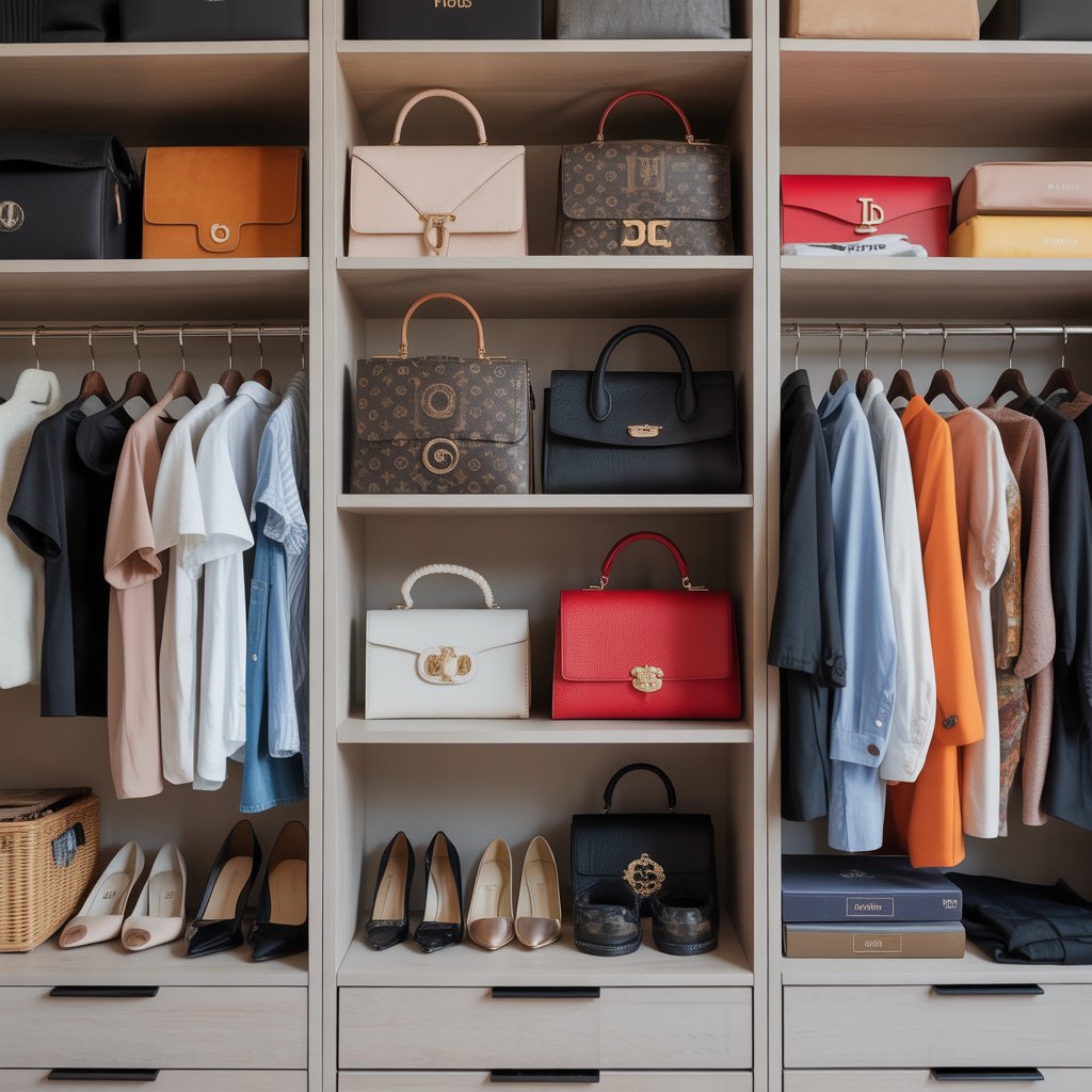 Closet shelves filled mostly with luxury designer handbags, shoes, and clothing, with few basic staple items visible.