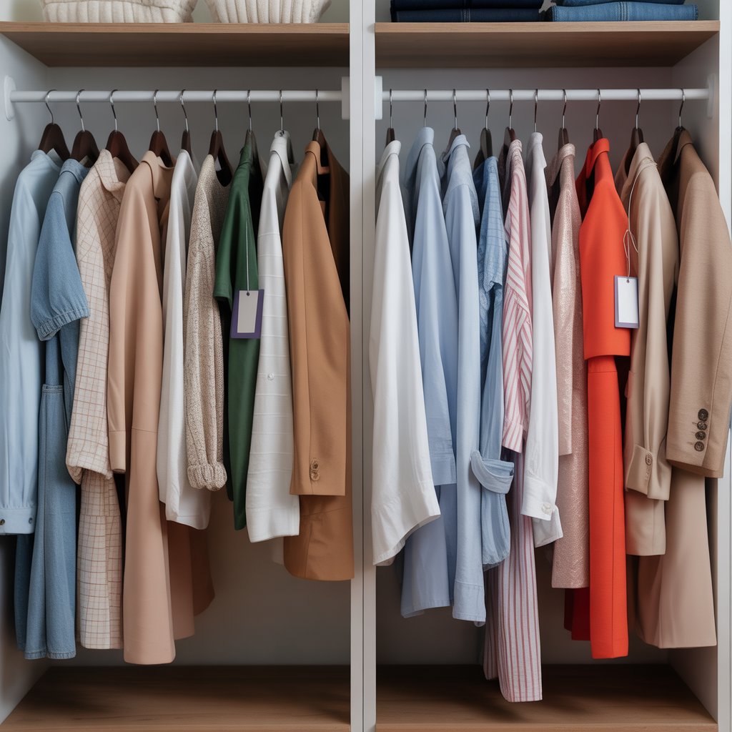 A closet filled with various clothes, some with price tags hanging from them.