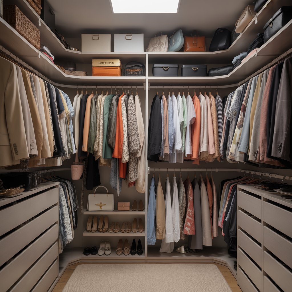 A large walk-in closet filled with numerous clothes, shoes, and accessories neatly arranged but densely packed.