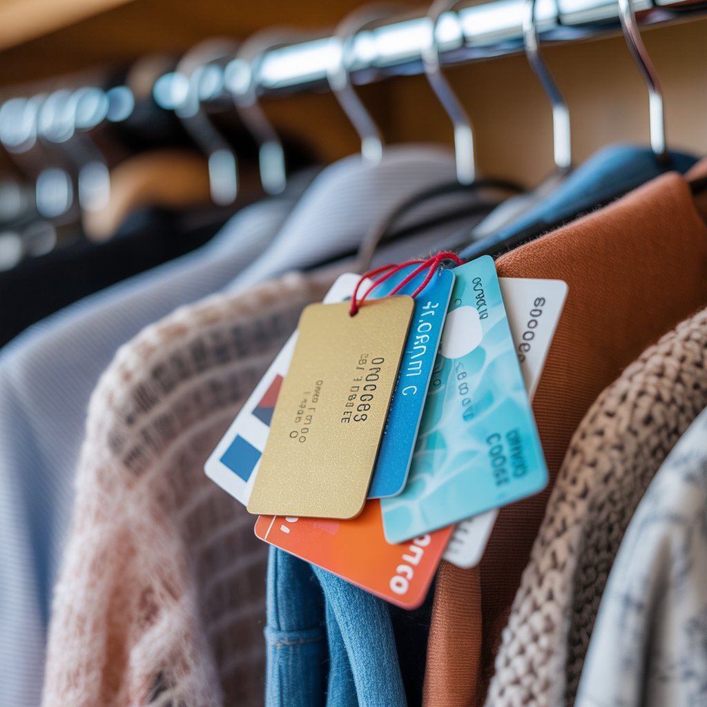 Gift cards hanging among clothes in a closet, appearing forgotten and unused.
