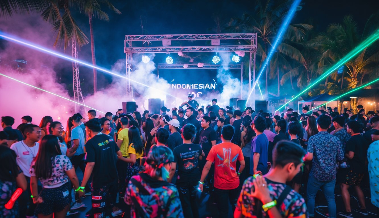 Kerumunan orang muda sedang menari di pesta EDM malam hari di luar ruangan dengan lampu warna-warni dan panggung DJ.