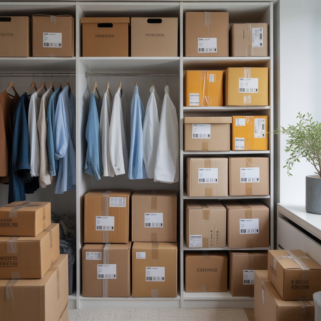 A closet with hanging clothes and several unopened cardboard boxes stacked on shelves and the floor.