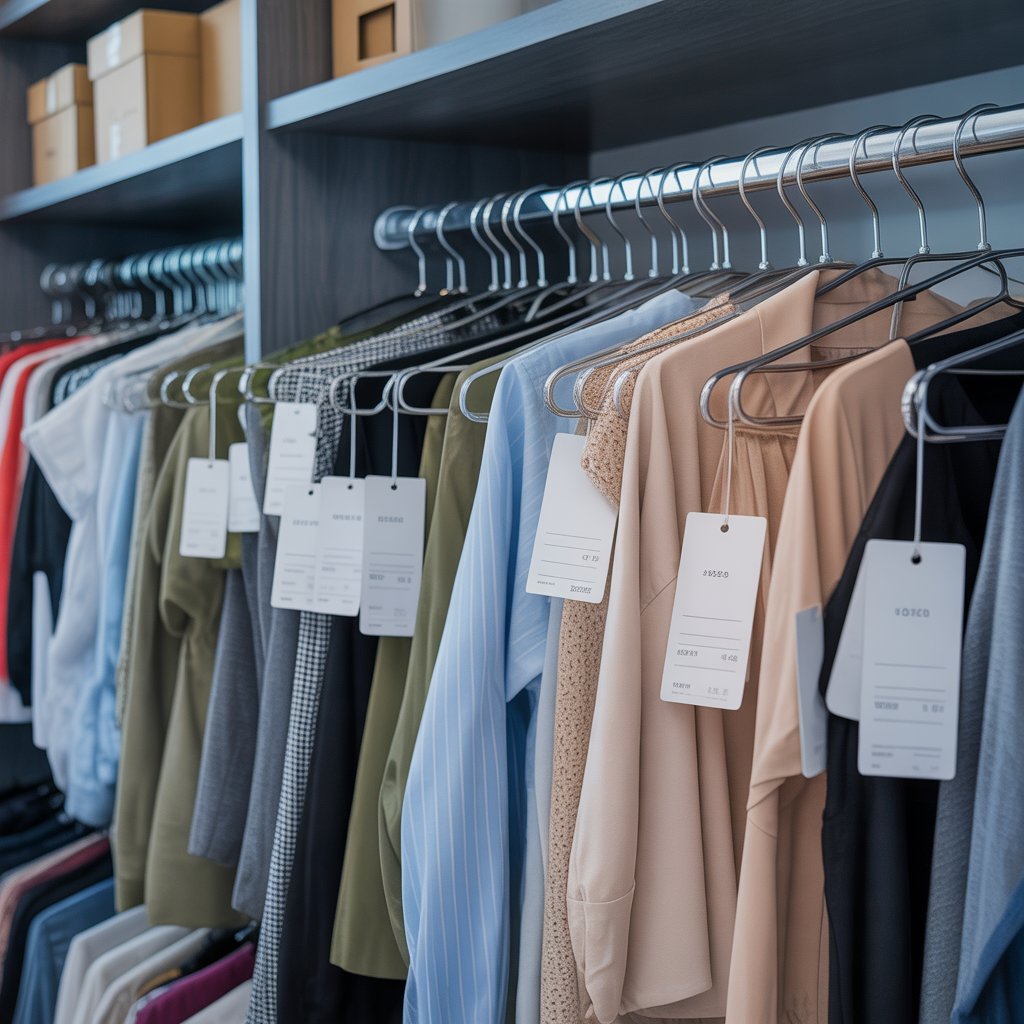 Closet filled with clothes on hangers, all with price tags still attached.