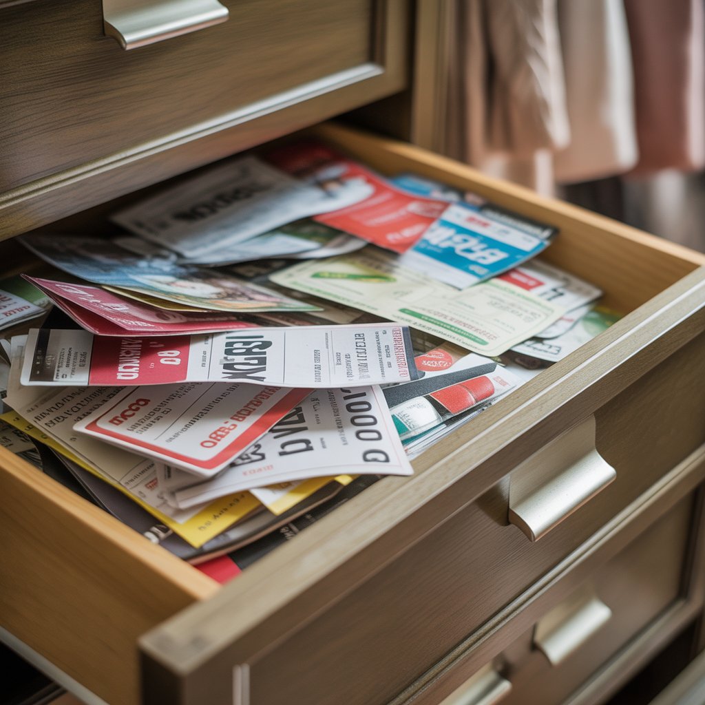 Close-up of an open wooden drawer filled with expired coupons and discount vouchers in a closet.