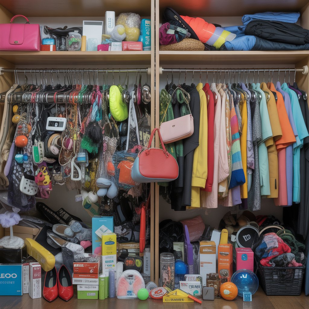 A cluttered closet filled with various clothes, shoes, bags, and miscellaneous items stacked and hanging in disorganized piles.