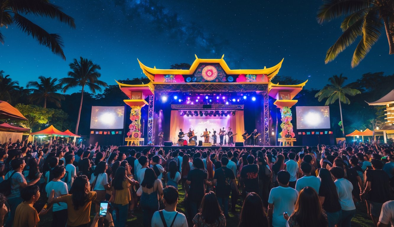 Kerumunan orang menikmati festival musik malam di luar ruangan dengan panggung yang diterangi lampu warna-warni dan dekorasi tradisional Indonesia.