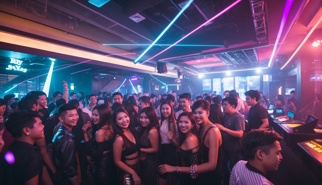 Kerumunan orang muda menari dan menikmati musik di klub malam di Indonesia dengan lampu warna-warni dan DJ sedang bermain musik.