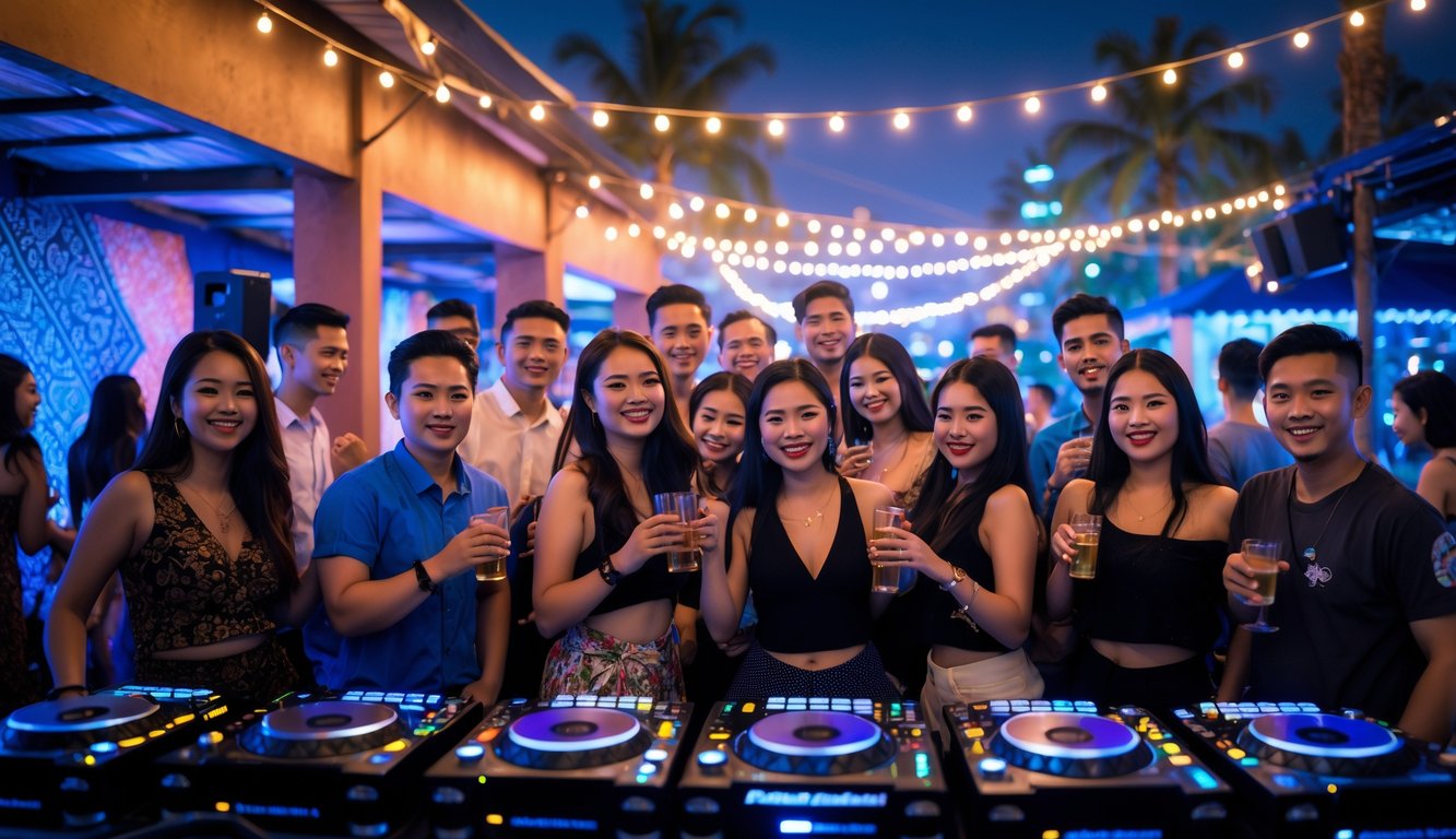 Orang-orang muda sedang menari dan bersenang-senang di pesta malam di luar ruangan dengan lampu warna-warni dan dekorasi tradisional Indonesia.