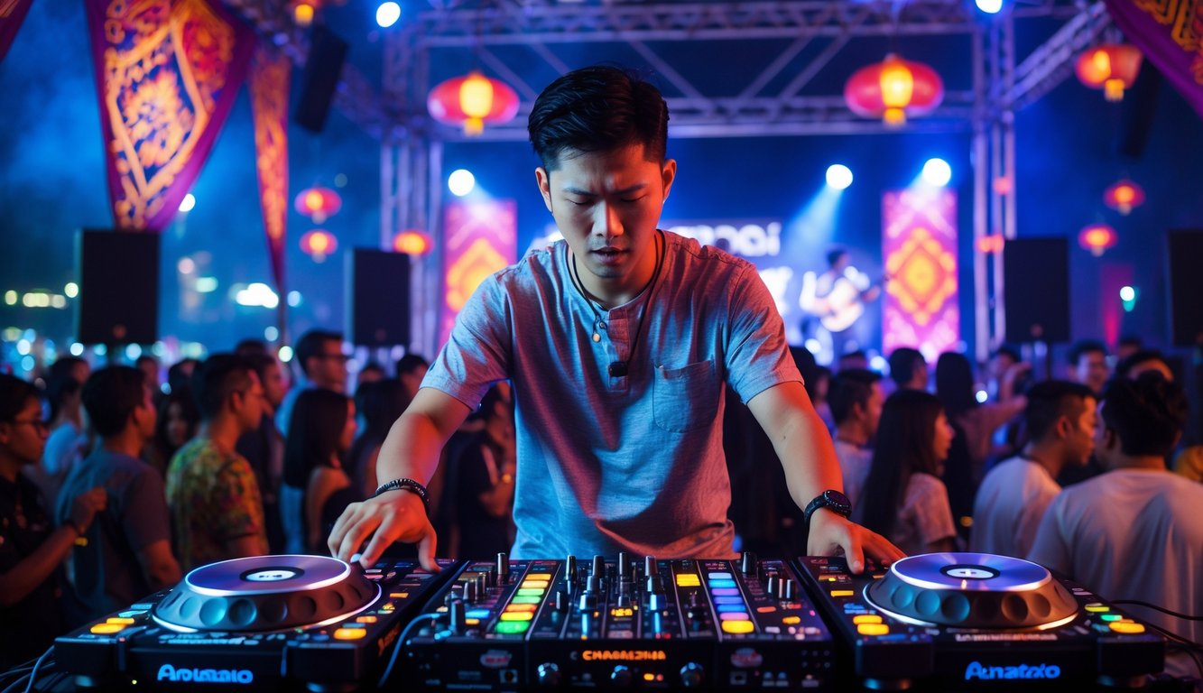Seorang DJ pria muda Indonesia sedang tampil di pesta dengan lampu warna-warni dan kerumunan orang yang menikmati musik.