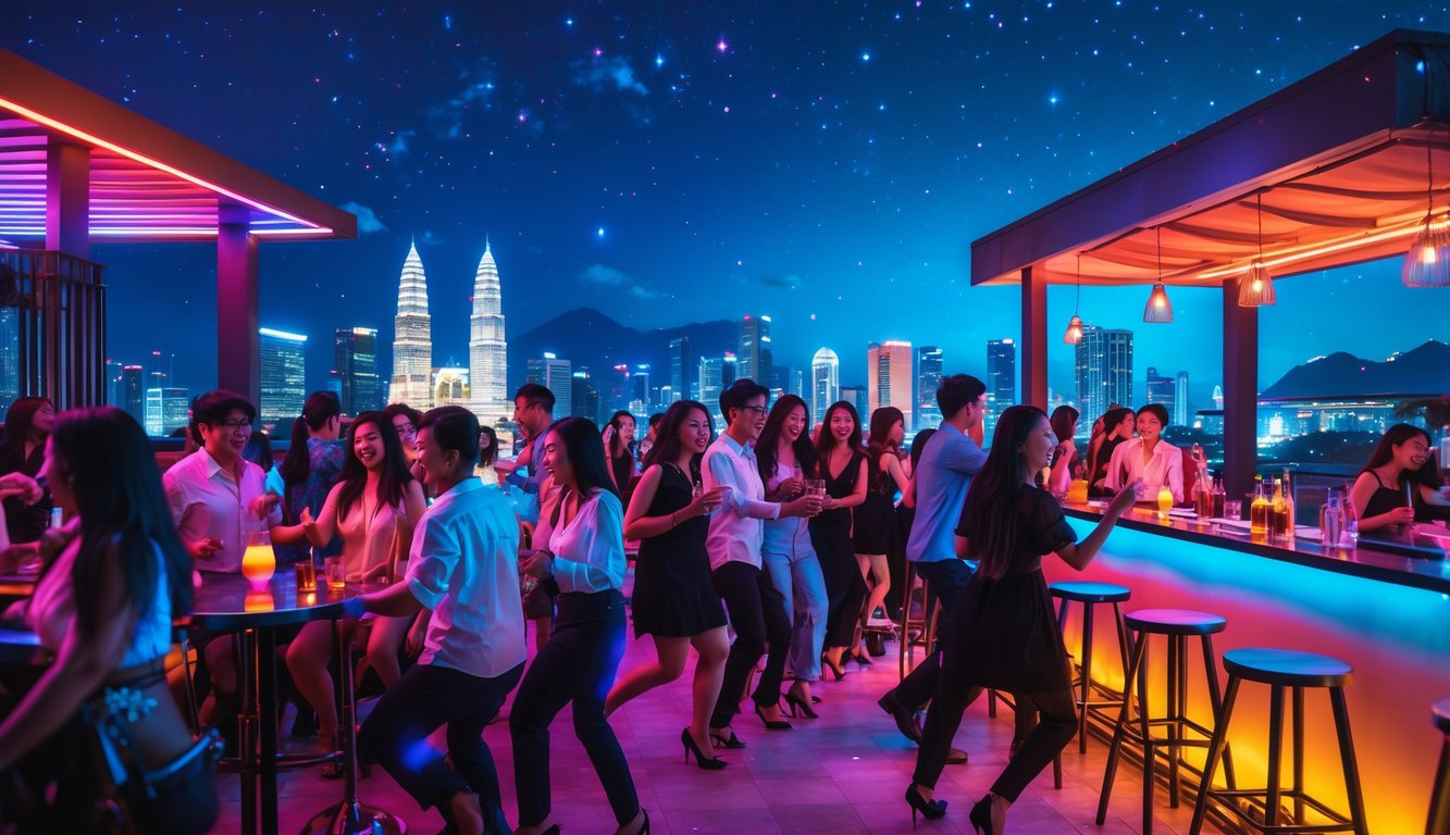 Suasana pesta malam di bar atap dengan orang-orang sedang menari dan bersosialisasi di kota Indonesia.