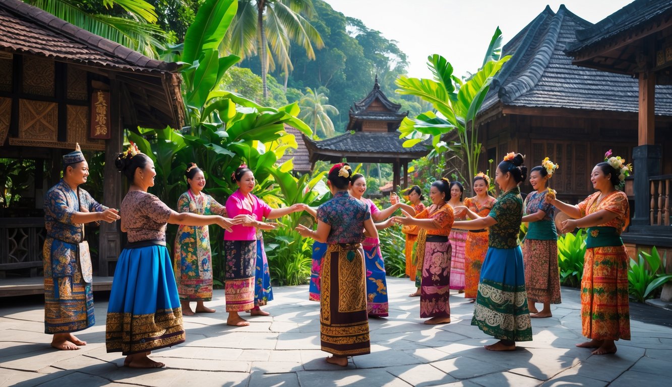 Sekelompok orang Indonesia mengenakan pakaian tradisional sedang melakukan aktivitas budaya di luar ruangan dengan latar belakang rumah tradisional dan tanaman tropis.