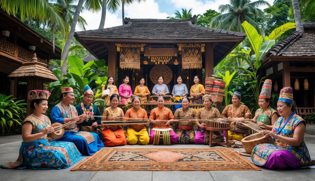 Sekelompok orang mengenakan pakaian tradisional Nusantara sedang melakukan aktivitas adat di latar belakang rumah tradisional dan pepohonan tropis.