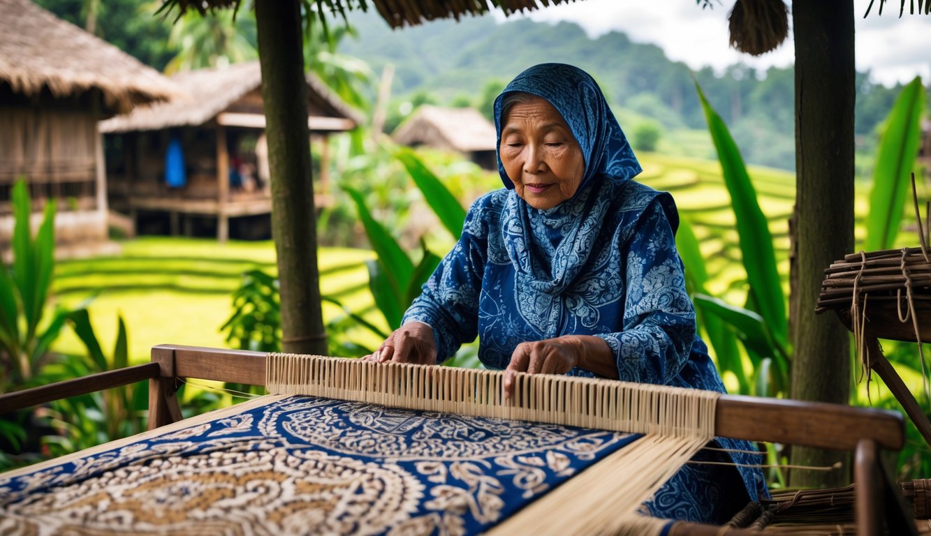 Seorang wanita Indonesia tua sedang menenun kain tradisional di desa dengan latar sawah dan tanaman tropis.