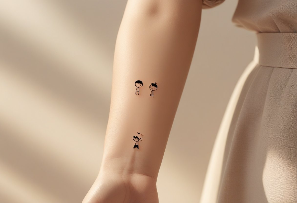 Tatuagem 2 Filhos: Ideias Significativas Para Homenagear a Família Braço com uma tatuagem que simboliza dois filhos, mostrando dois pequenos elementos delicados que representam as crianças.