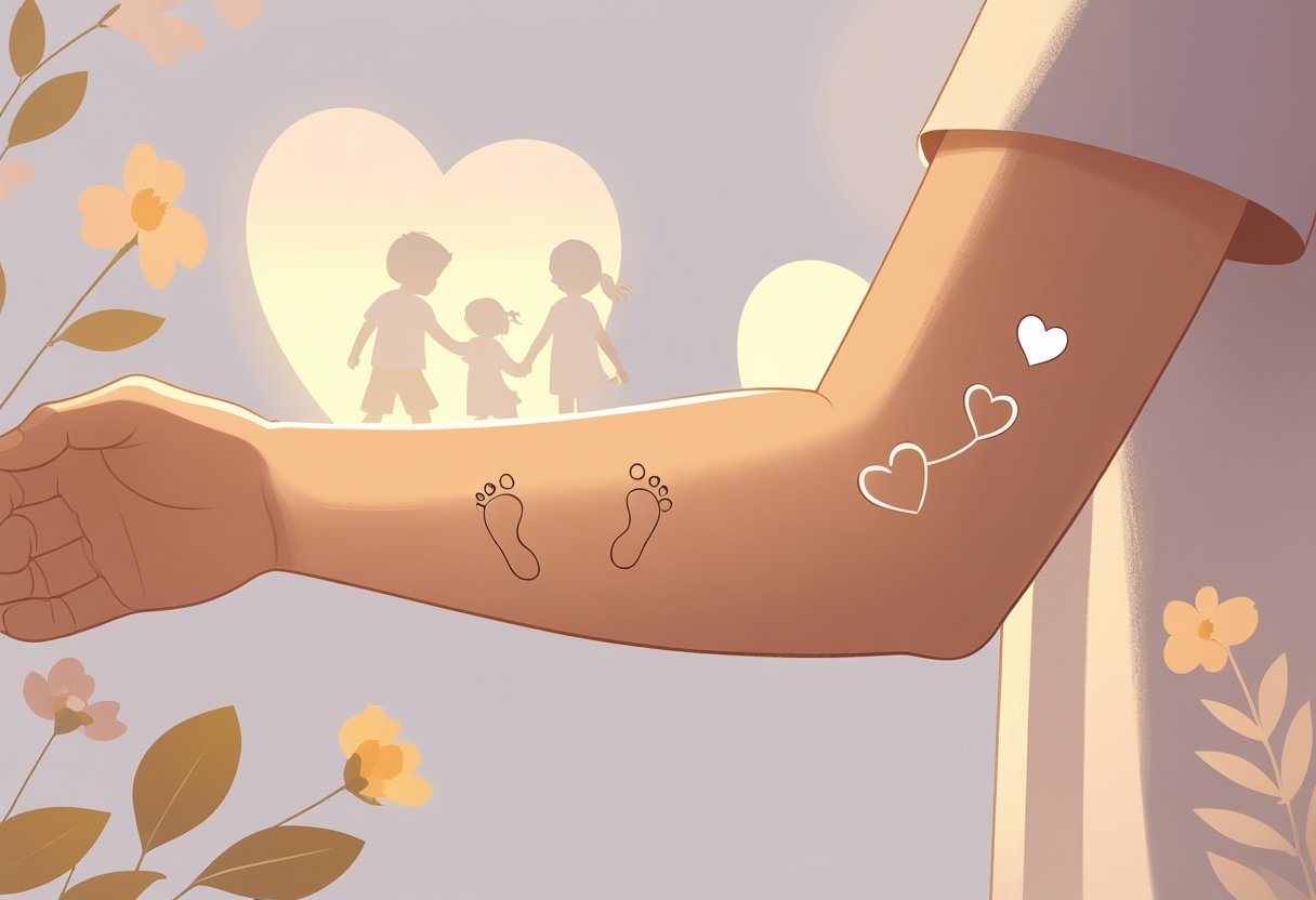 Tatuagem 2 Filhos: Ideias Significativas Para Homenagear a Família Braço com duas tatuagens delicadas representando dois filhos, com elementos sutis ao redor que simbolizam amor e vínculo familiar.