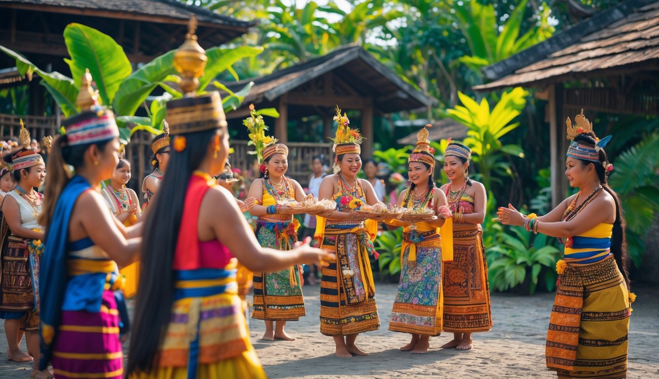 Sekelompok orang mengenakan pakaian tradisional sedang melaksanakan upacara daerah di luar ruangan dengan latar belakang tanaman tropis dan bangunan kayu tradisional.