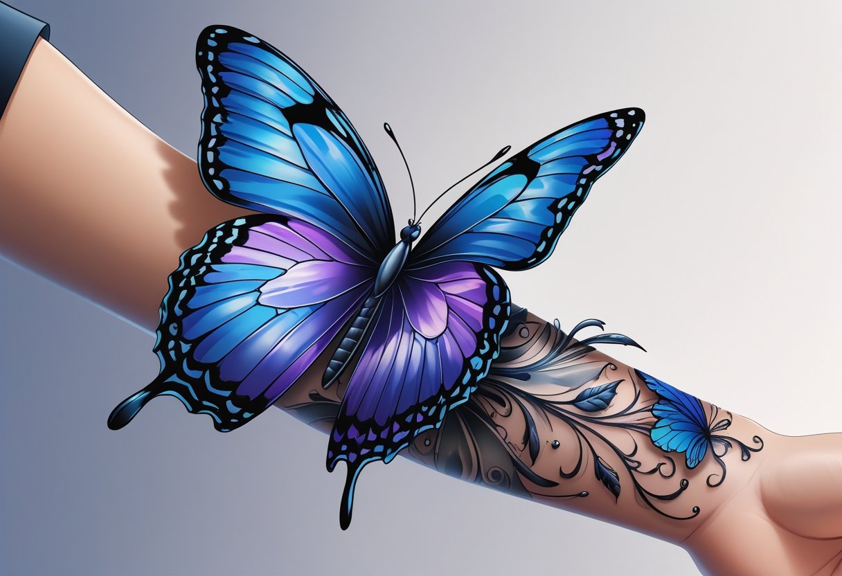 Tatuagem 3D Borboleta: Técnicas e Significados Para Seu Próximo Design Braço humano com uma tatuagem 3D de borboleta realista e colorida.