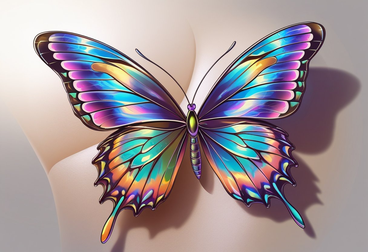 Tatuagem 3D Borboleta: Técnicas e Significados Para Seu Próximo Design Ilustração detalhada de uma tatuagem 3D de borboleta sobre a pele, mostrando asas coloridas e realistas.