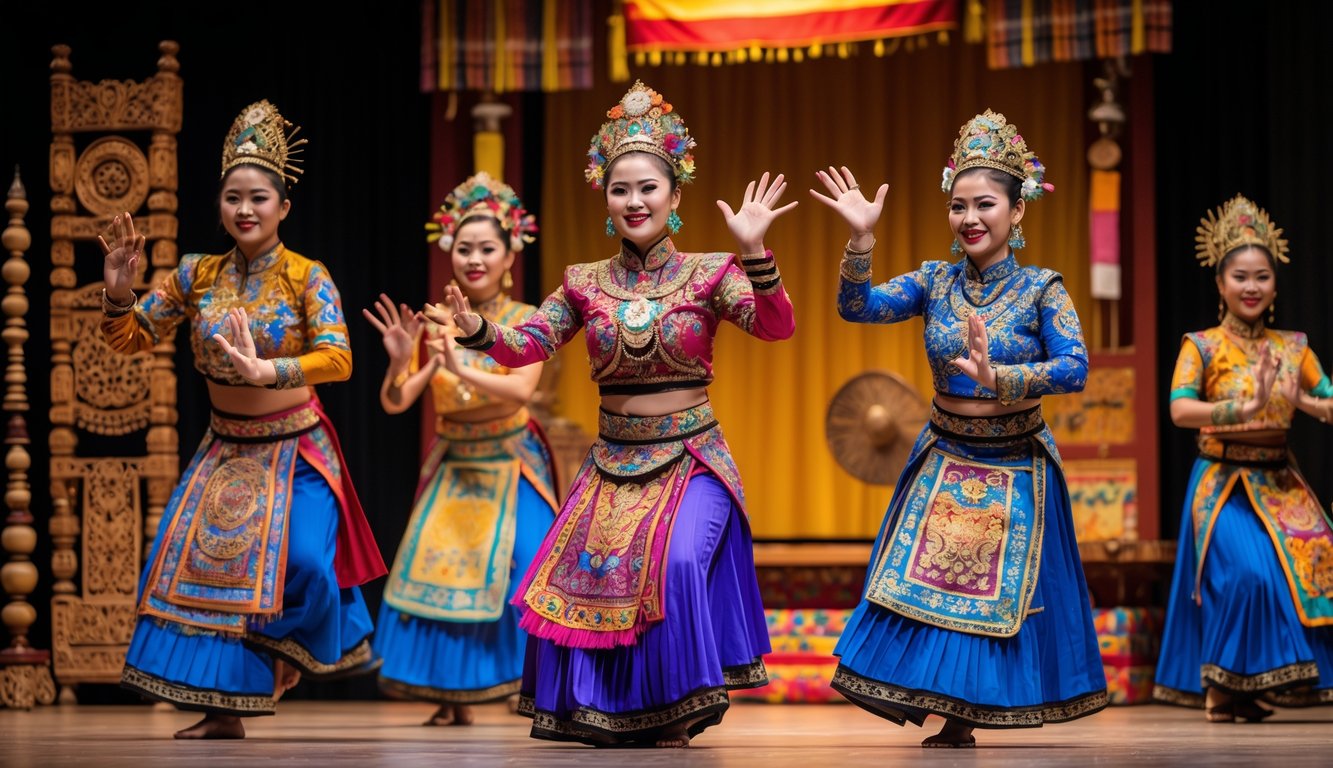 Sekelompok penari mengenakan kostum tradisional Indonesia sedang tampil di atas panggung dengan dekorasi budaya di latar belakang.