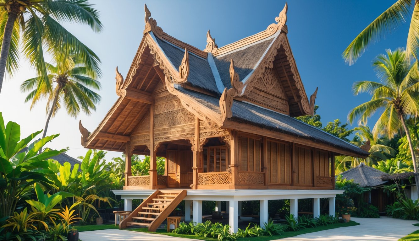 Rumah adat tradisional Indonesia dengan atap tinggi dan ukiran kayu, dikelilingi tanaman tropis dan langit biru.