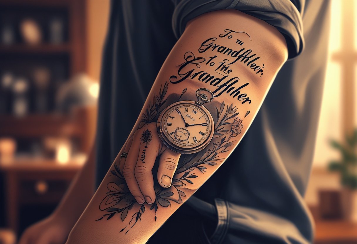 Tatuagem Avô: Homenagens Significativas e Ideias Para Eternizar a Memória Braço com tatuagem que simboliza uma homenagem ao avô, mostrando elementos como relógio de bolso, óculos e mãos se segurando.