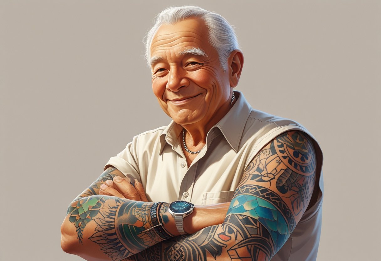 Tatuagem Avô: Homenagens Significativas e Ideias Para Eternizar a Memória Um avô sorridente mostrando suas tatuagens nos braços e mãos, em um ambiente simples e iluminado naturalmente.