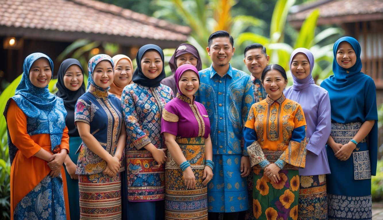 Sekelompok orang mengenakan pakaian adat Nusantara berwarna-warni sedang berdiri bersama di luar ruangan.