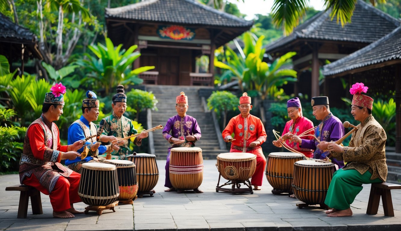 Sekelompok musisi mengenakan pakaian tradisional sedang memainkan alat musik daerah di luar ruangan dengan latar belakang rumah adat dan pepohonan.